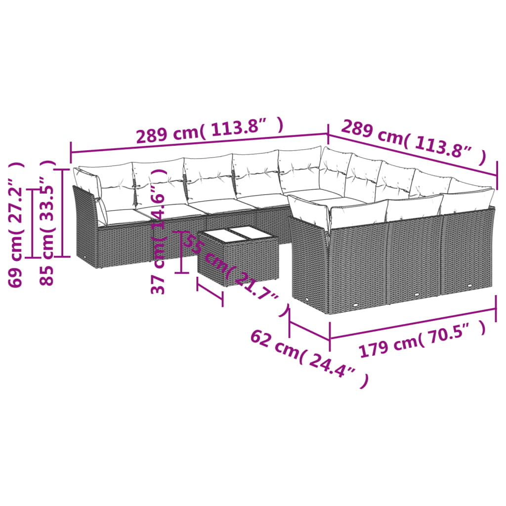 vidaXL 12-dijelni set vrtnih sofa od poliratana s jastucima crni