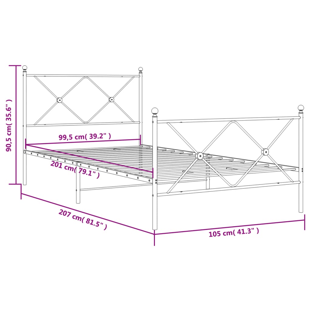 vidaXL Metalni okvir kreveta uzglavlje i podnožje bijeli 100x200 cm