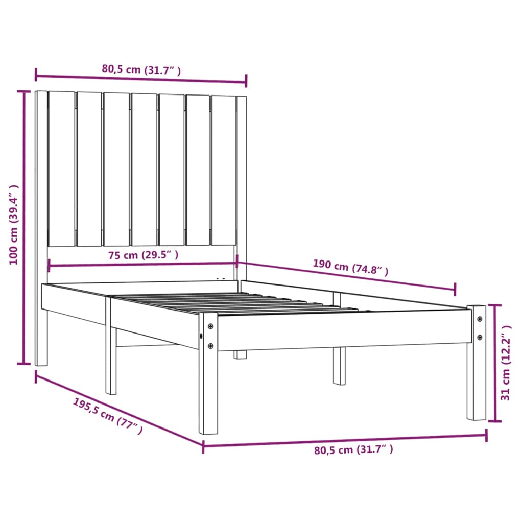 vidaXL Okvir za krevet od masivnog drva boja meda 75x190 cm 2FT6 mali