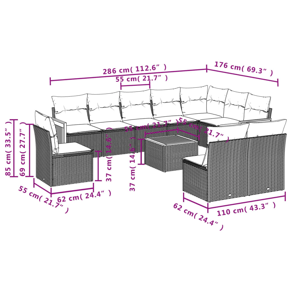 vidaXL 11-dijelni set vrtnih sofa od poliratana s jastucima crni