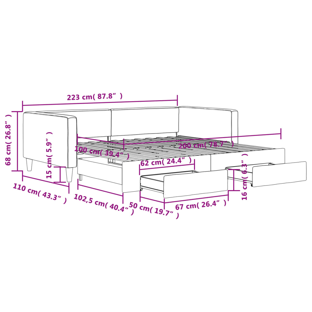 vidaXL Dnevni krevet na razvlačenje s ladicama crni 100x200 cm tkanina