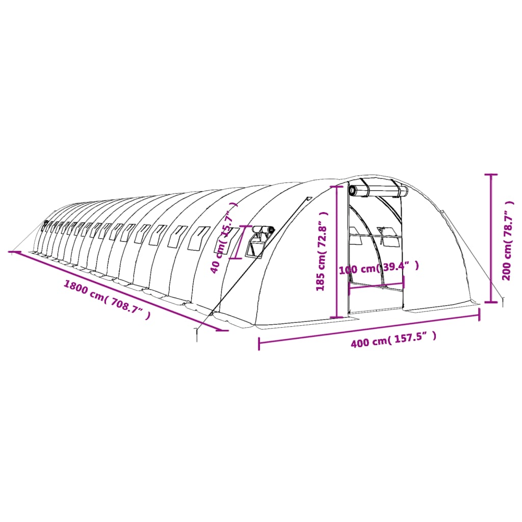 vidaXL Staklenik s čeličnim okvirom zeleni 72 m² 18 x 4 x 2 m