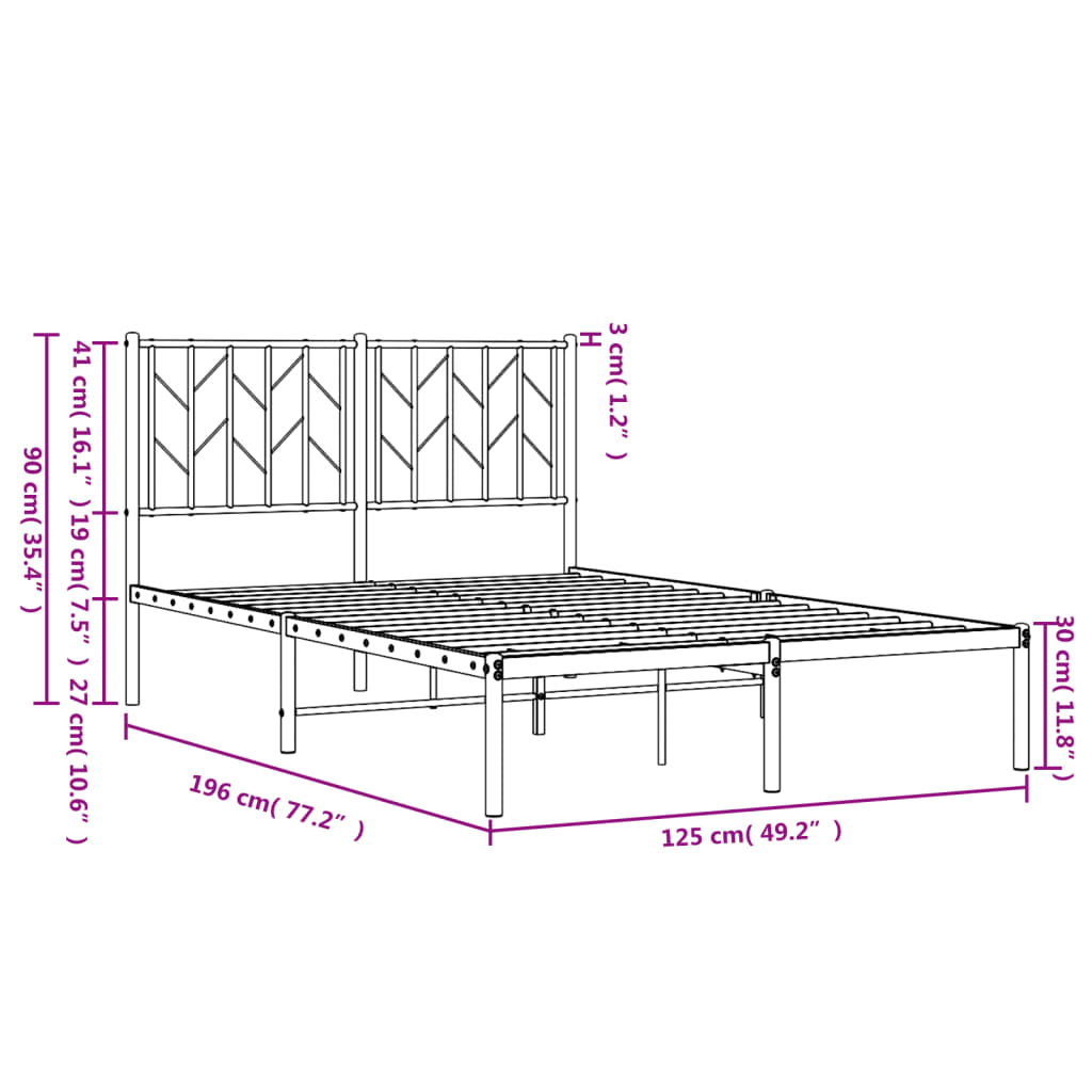 vidaXL Metalni okvir za krevet s uzglavljem crni 120x190 cm