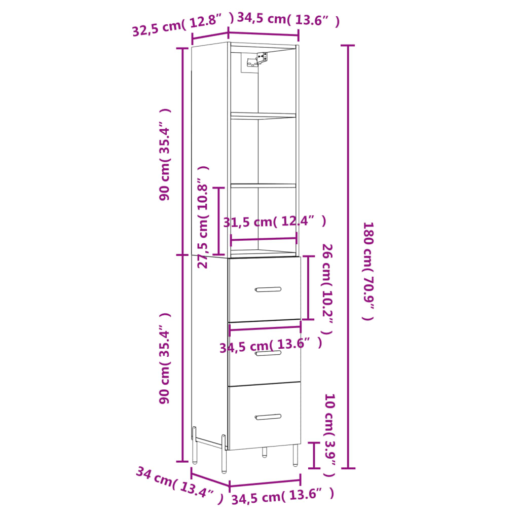 vidaXL Visoka komoda sjajna bijela 34,5x34x180 cm konstruirano drvo