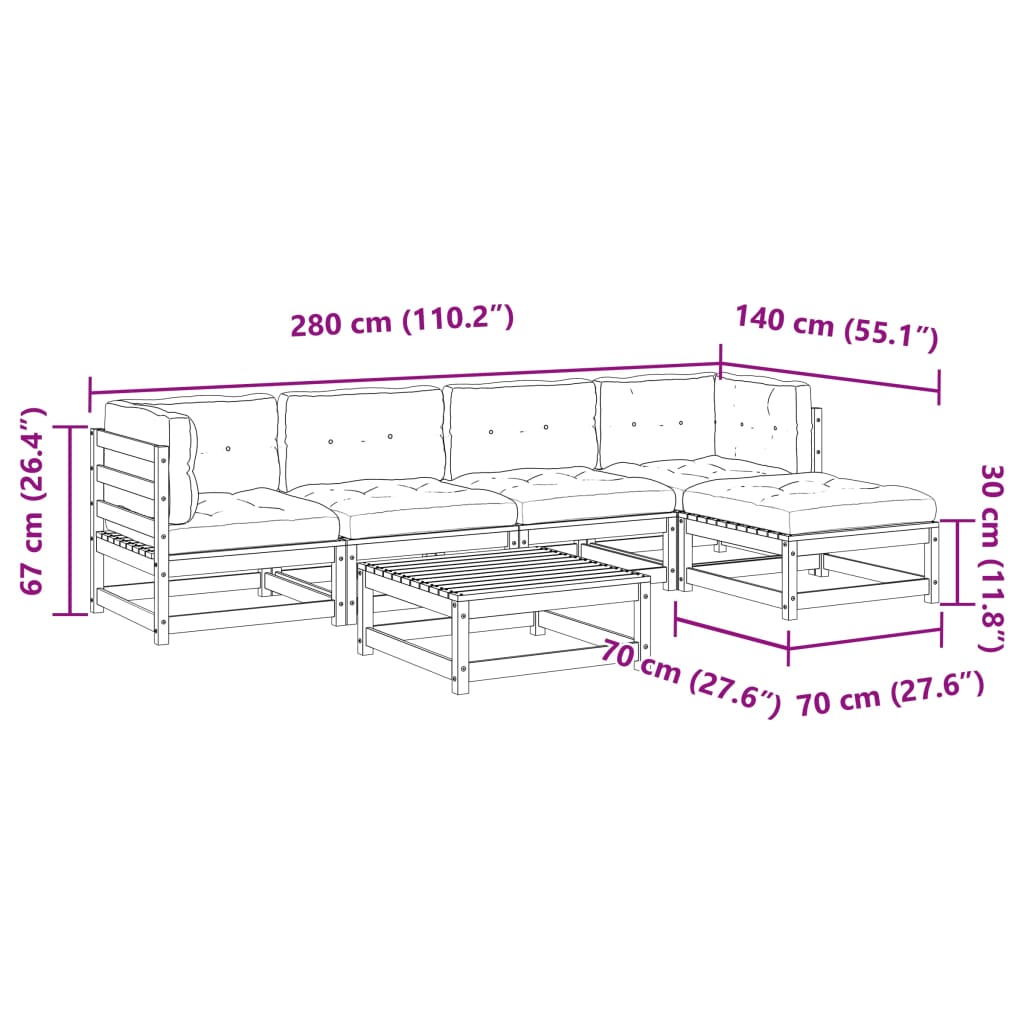 vidaXL 6-dijelni set vrtnih sofa s jastucima voštano smeđi od borovine