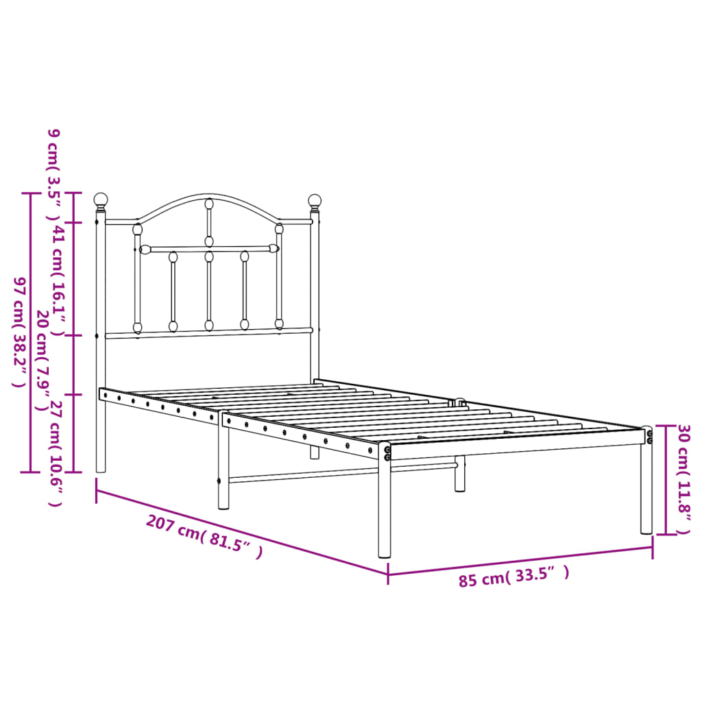 vidaXL Metalni okvir za krevet s uzglavljem bijeli 80x200 cm