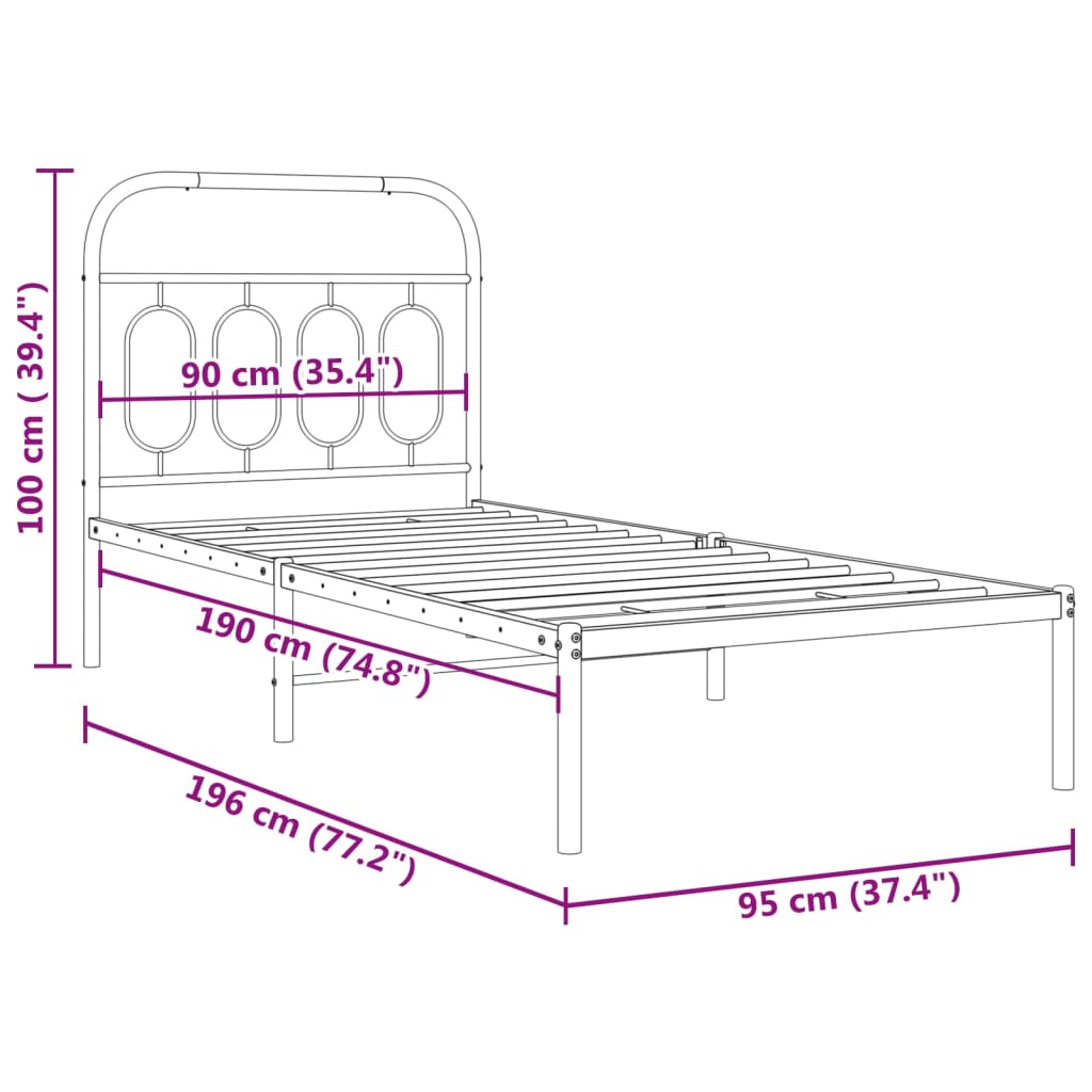 vidaXL Metalni okvir za krevet s uzglavljem crni 90x190 cm