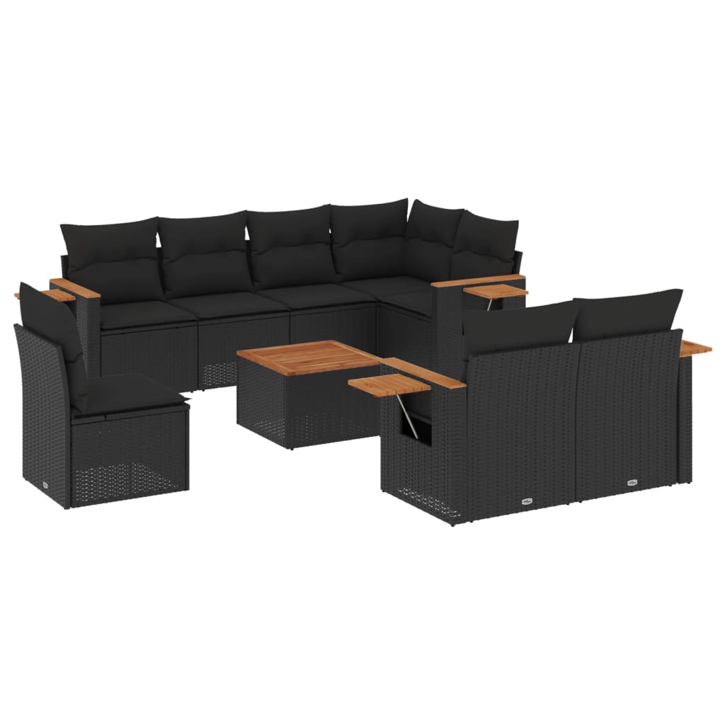 vidaXL 9-dijelni set vrtnih sofa s jastucima crni od poliratana