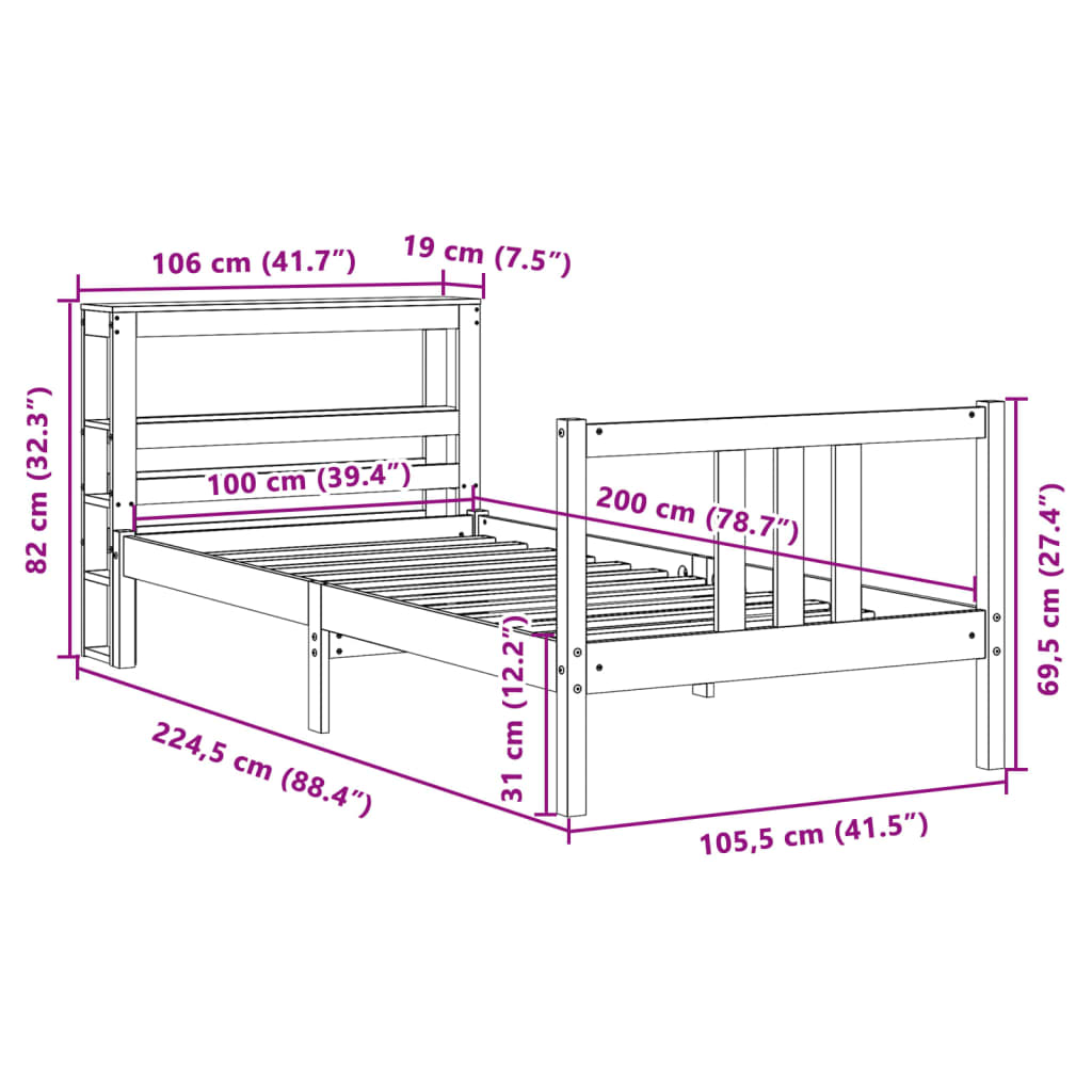 vidaXL Okvir kreveta s uzglavljem bijeli 100x200cm od masivne borovine