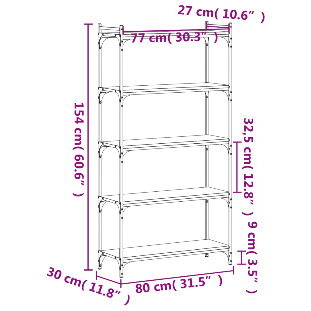 vidaXL Regal za knjige 5 razina smeđa boja hrasta 80x30x154 cm drveni