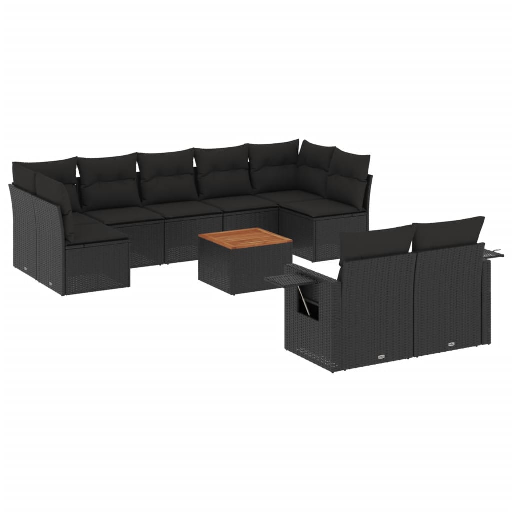 vidaXL 10-dijelni set vrtnih sofa s jastucima crni od poliratana