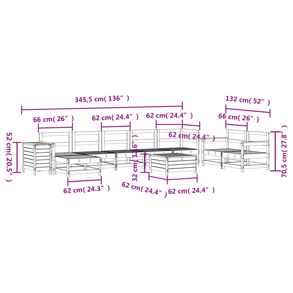 vidaXL 10-dijelni set vrtnih sofa bijeli od masivne borovine