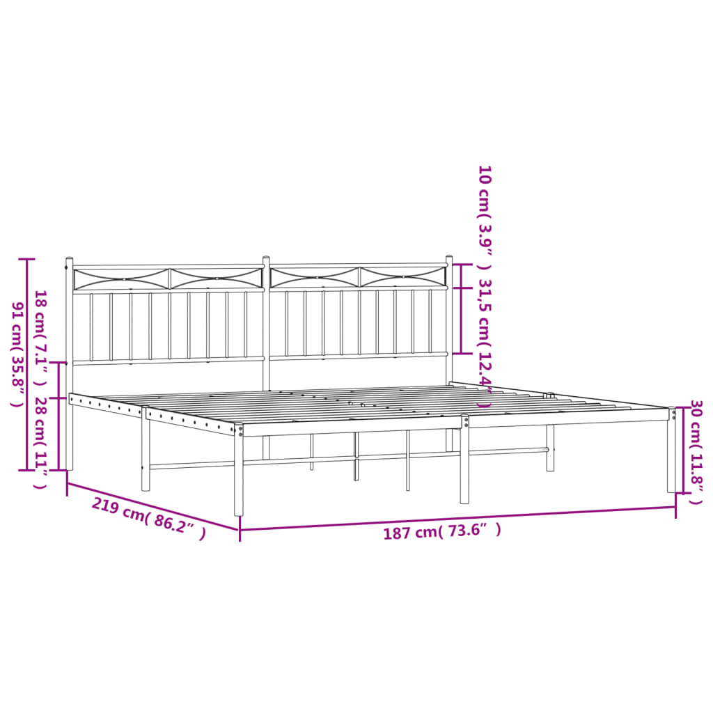 vidaXL Metalni okvir za krevet s uzglavljem crni 183x213 cm