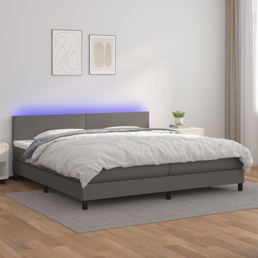 vidaXL Krevet box spring s madracem LED sivi 200x200cm od umjetne kože