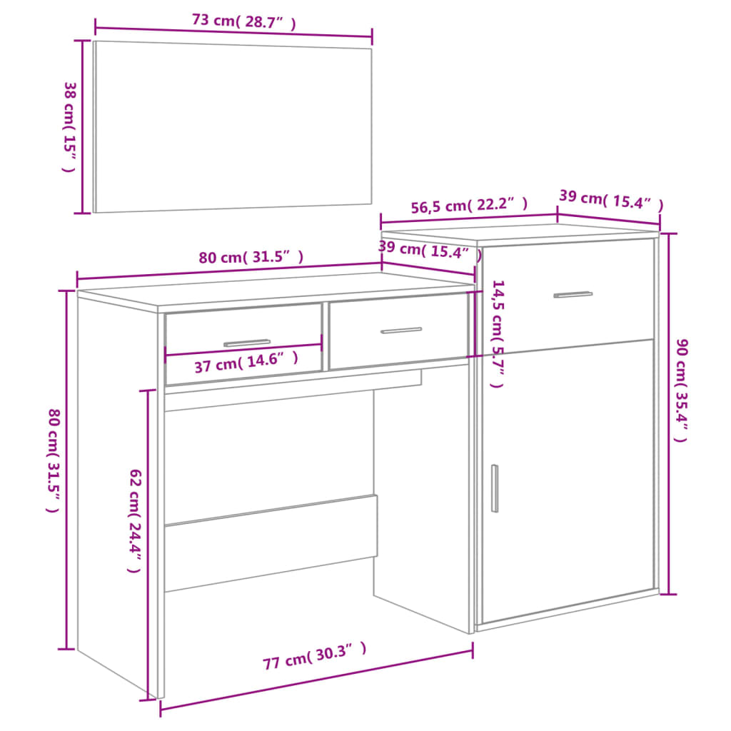 vidaXL 3-dijelni set toaletnog stolića boja hrasta konstruirano drvo