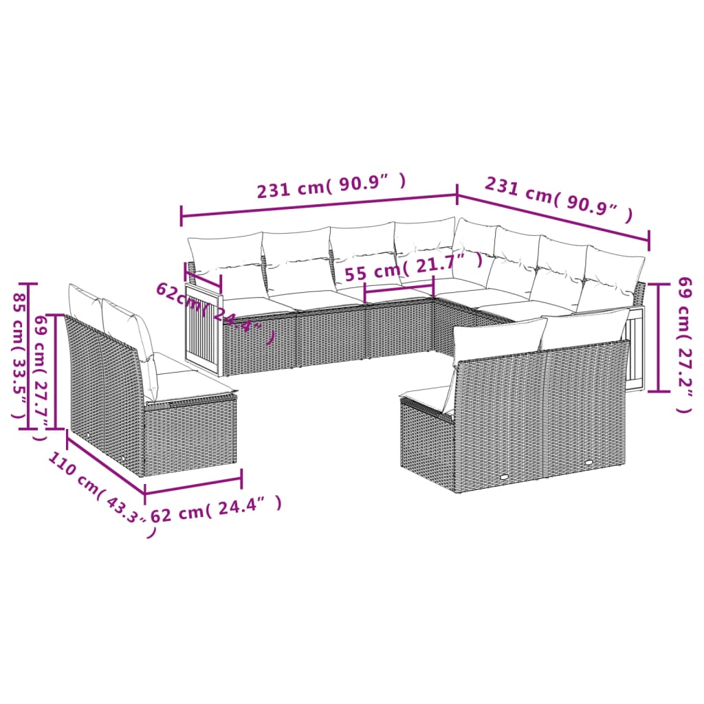 vidaXL 11-dijelni set vrtnih sofa od poliratana s jastucima bež