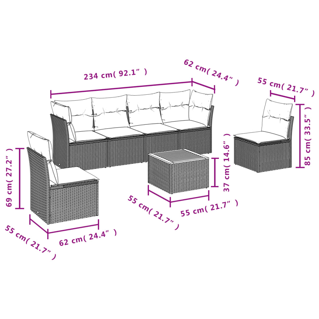 vidaXL 7-dijelni set vrtnih sofa od poliratana s jastucima crni