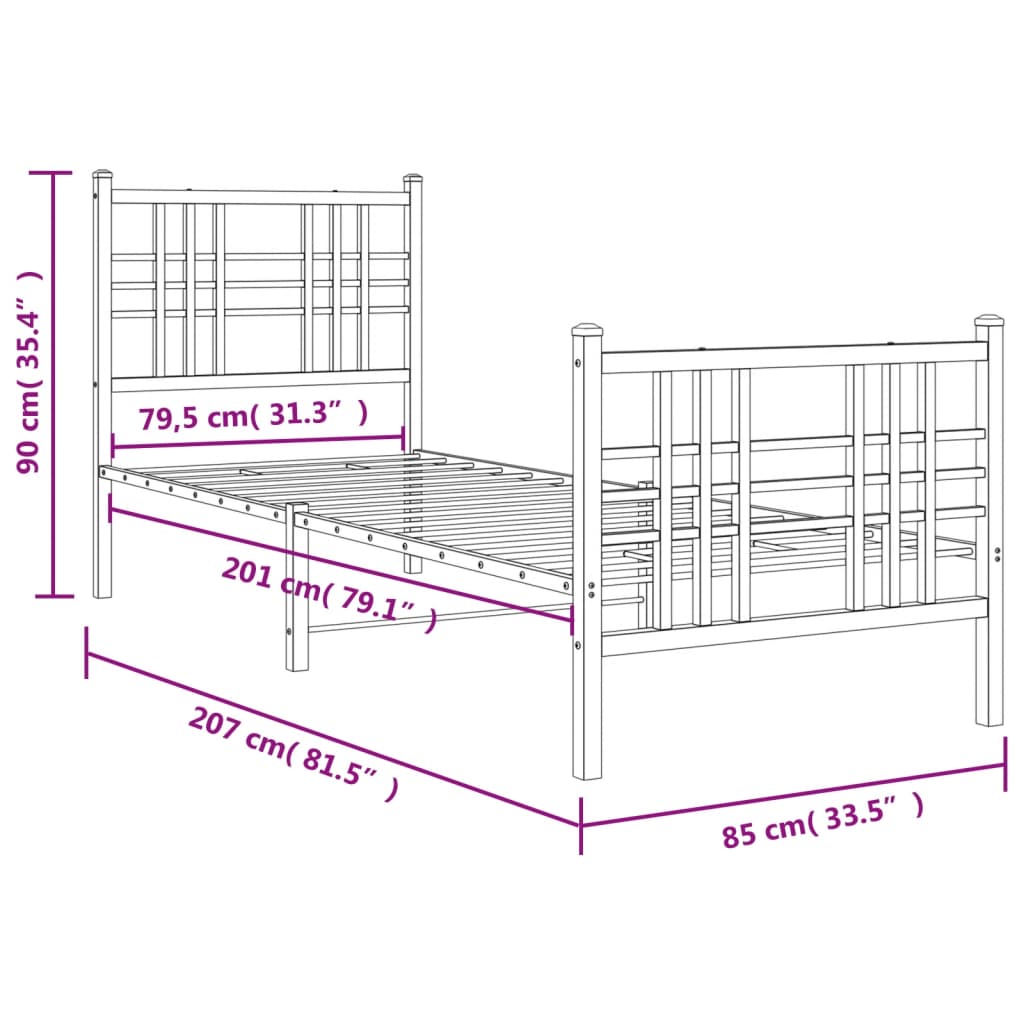 vidaXL Metalni okvir kreveta uzglavlje i podnožje bijeli 80x200 cm