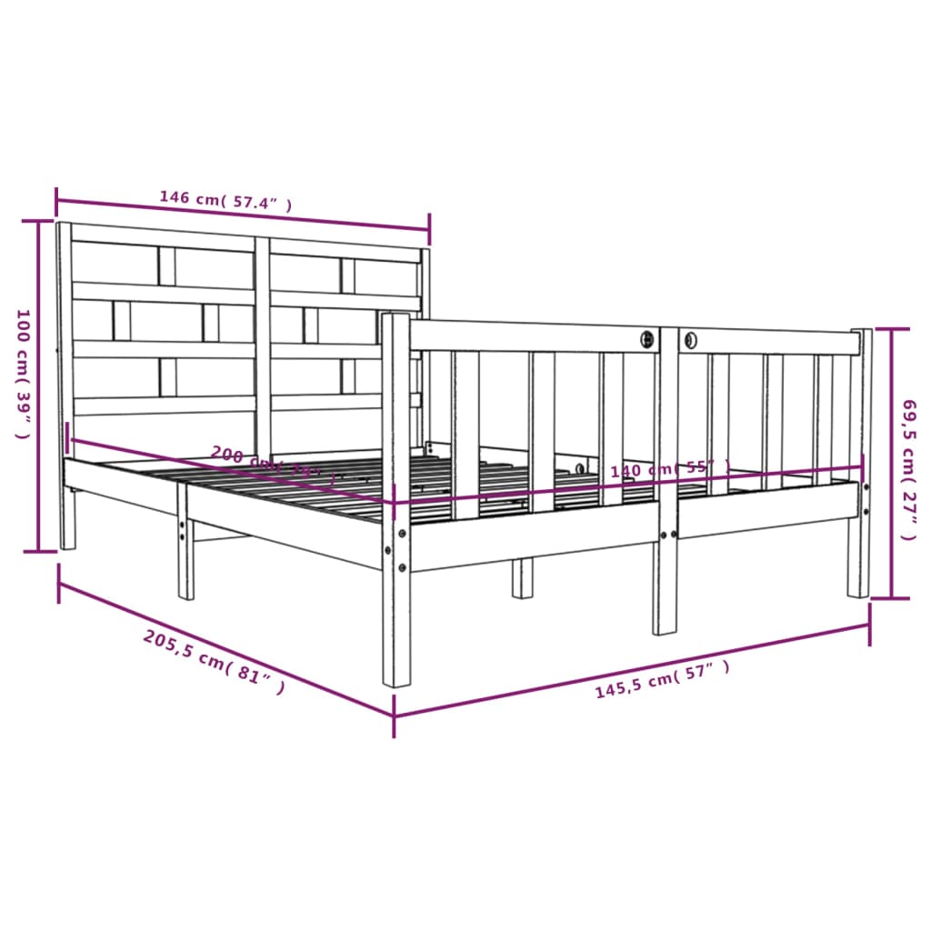 vidaXL Okvir za krevet od masivne borovine 140 x 200 cm