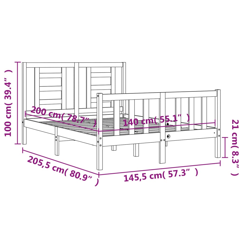 vidaXL Okvir za krevet s uzglavljem bijeli 140x200 cm od masivnog drva