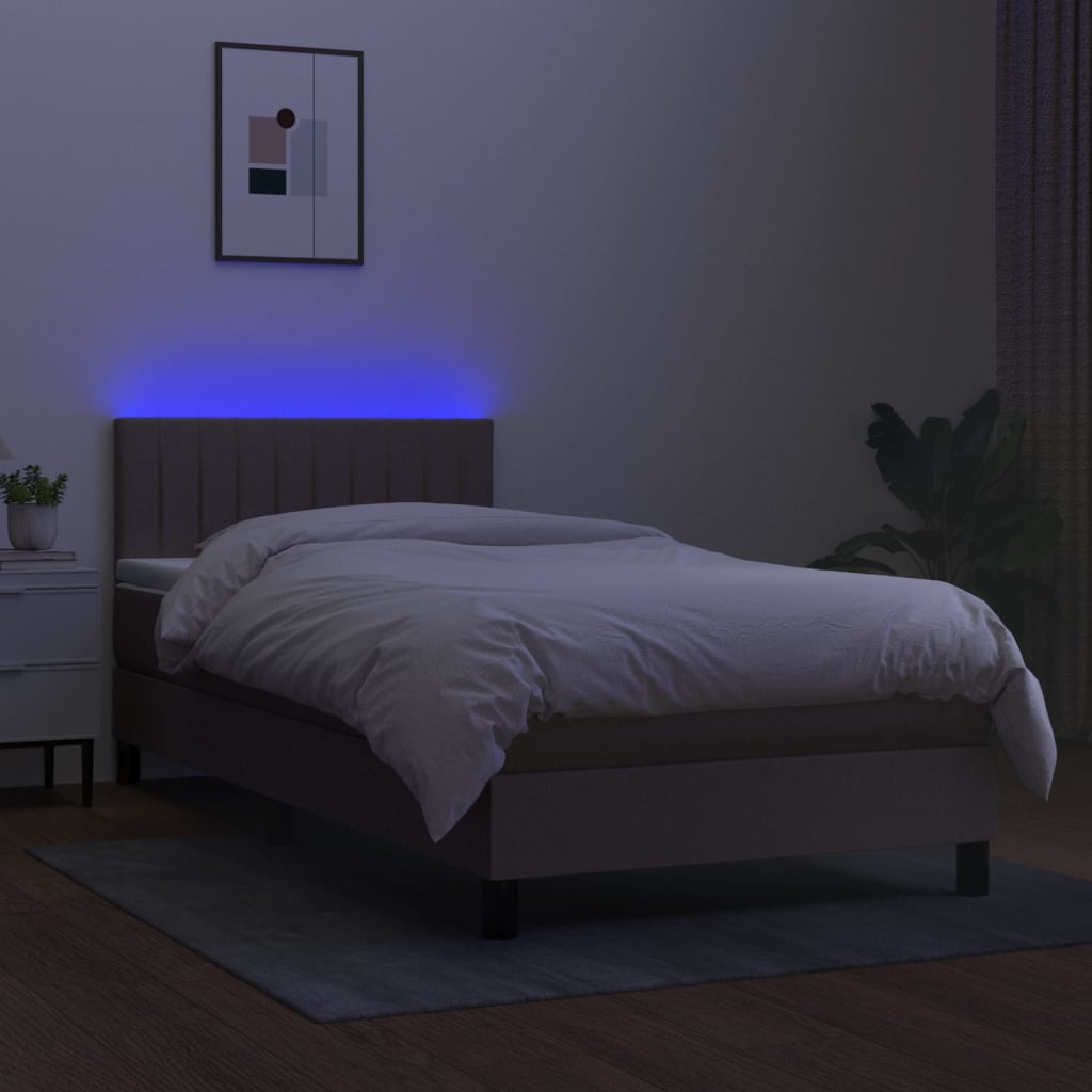 vidaXL Krevet box spring s madracem LED smeđesivi 90x200 cm tkanina