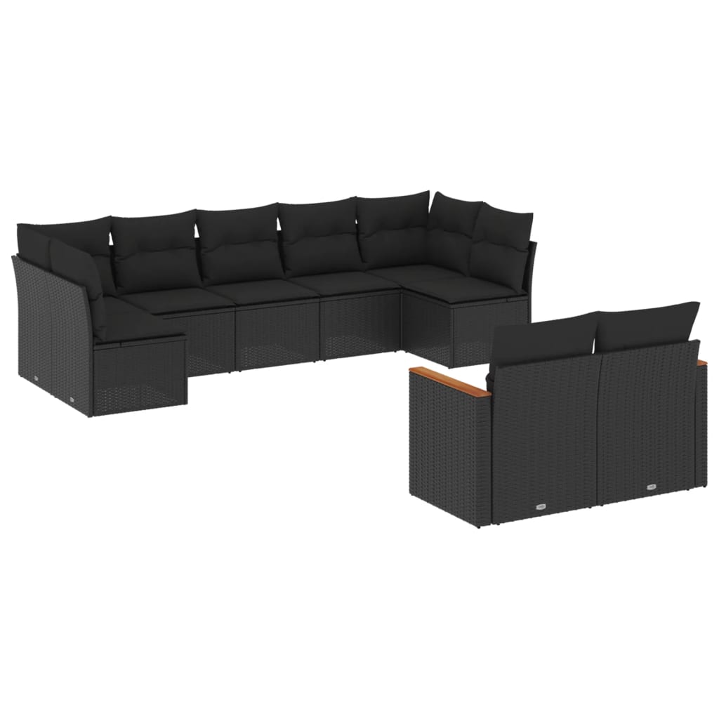 vidaXL 9-dijelni set vrtnih sofa s jastucima crni od poliratana