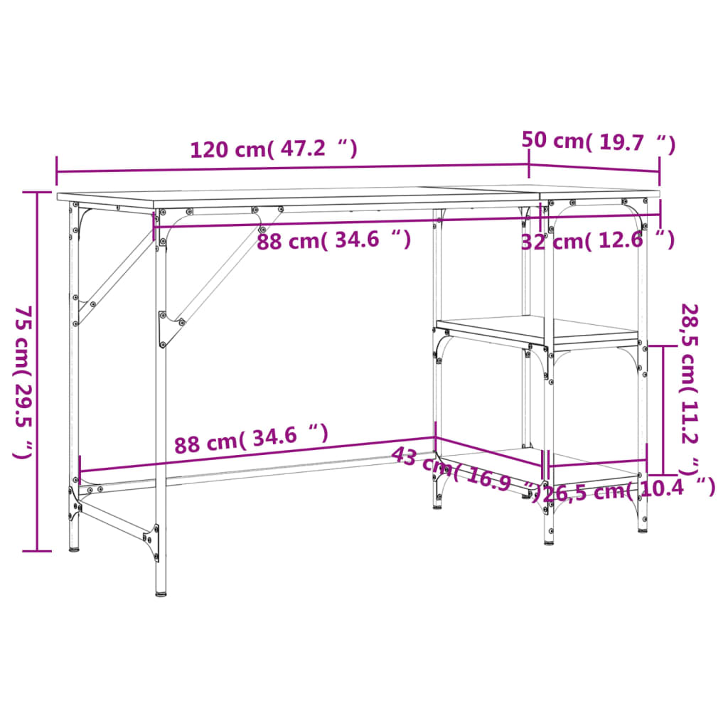 vidaXL Radni stol boja hrasta 120x50x75 cm metal i konstruirano drvo