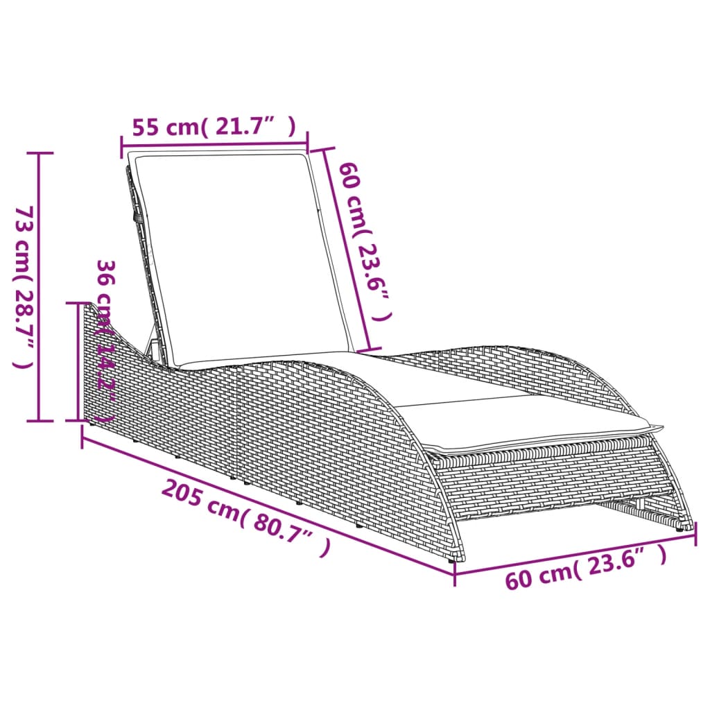 vidaXL Ležaljka za sunčanje s jastukom crna 60x205x73 cm poliratan