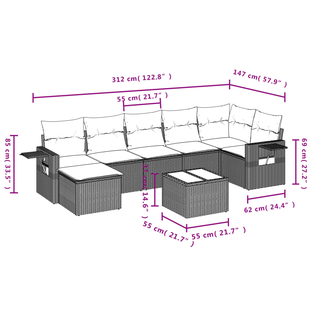 vidaXL 8-dijelni set vrtnih sofa od poliratana s jastucima sivi