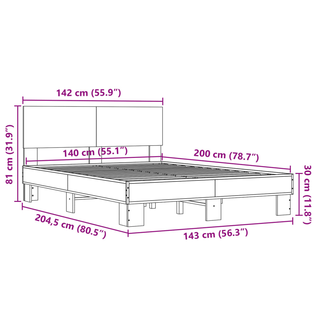 vidaXL Okvir kreveta smeđi hrast 140x200cm konstruirano drvo i metal