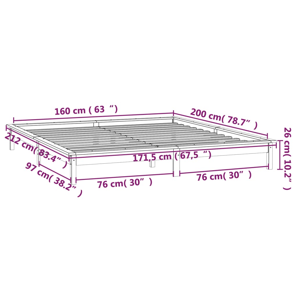 vidaXL LED okvir za krevet crni 160 x 200 cm od masivnog drva