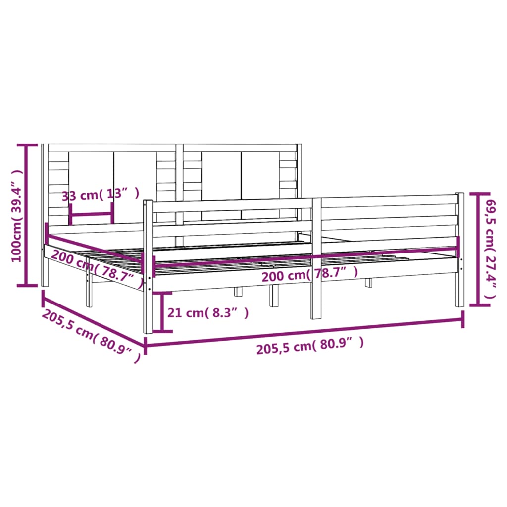 vidaXL Okvir za krevet od masivne borovine crni 200 x 200 cm