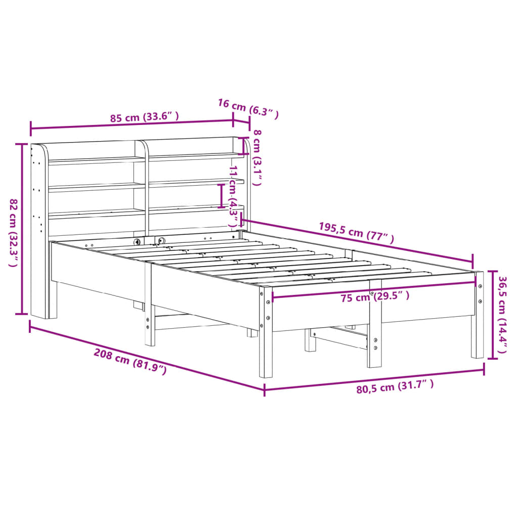 vidaXL Okvir kreveta bez madraca bijeli 75 x 190 cm masivna borovina