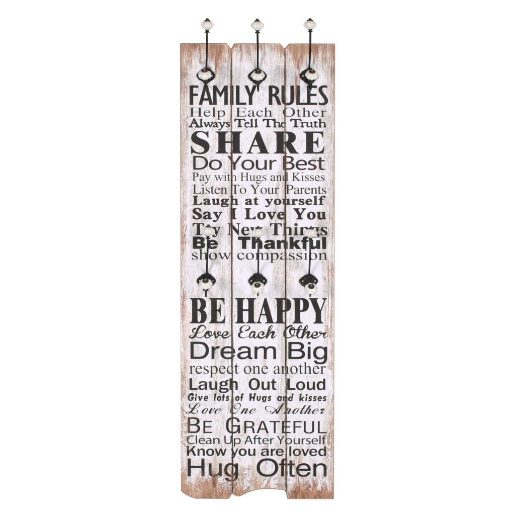 vidaXL Zidna vješalica za kapute sa 6 kuka "FAMILY RULES" 120 x 40 cm