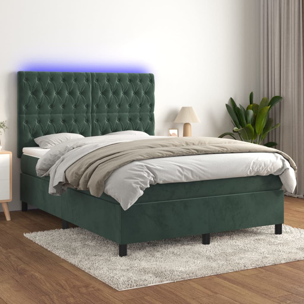 vidaXL Krevet box spring s madracem LED tamnozeleni 140x190 cm baršun