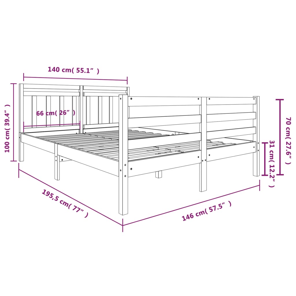 vidaXL Okvir za krevet od masivnog drva 140 x 190 cm