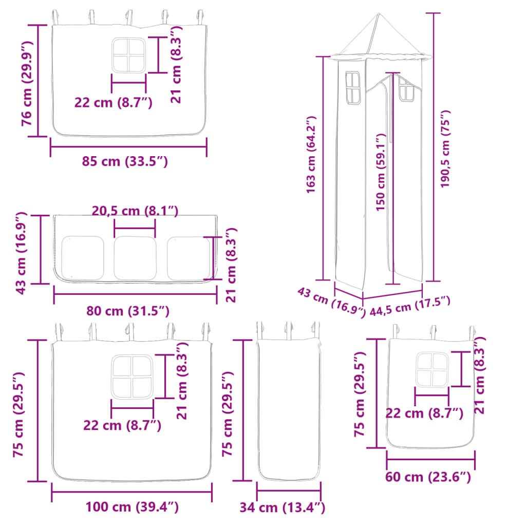 vidaXL Krevet na kat s toboganom i zavjesama bijelo-crni 90 x 190 cm