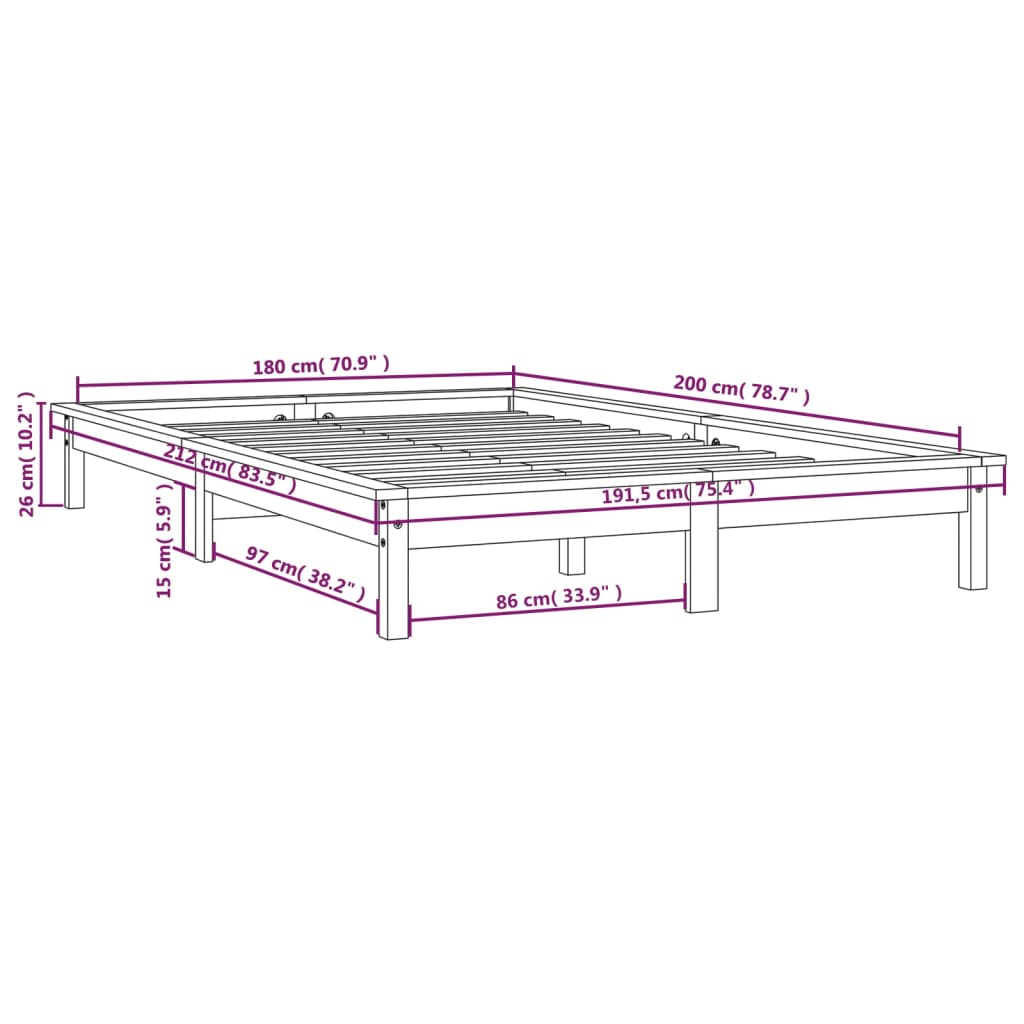 vidaXL Okvir za krevet od borovine crni 180 x 200 cm 6FT veliki bračni