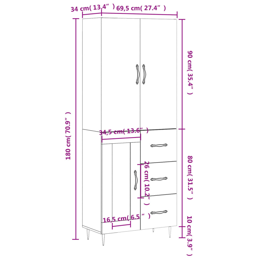 vidaXL Visoka komoda bijela 69,5x34x180 cm konstruirano drvo