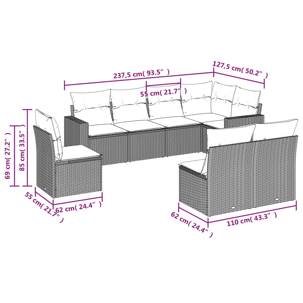 vidaXL 8-dijelni set vrtnih sofa od poliratana s jastucima crni