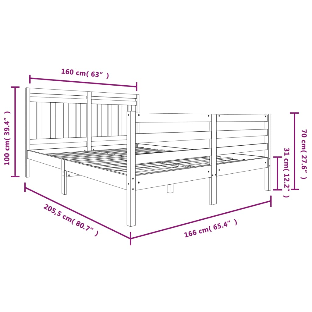 vidaXL Okvir za krevet od masivnog drva 160 x 200 cm