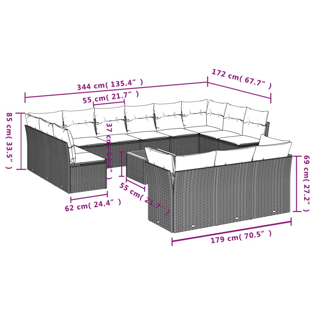 vidaXL 14-dijelni set vrtnih sofa od poliratana s jastucima sivi