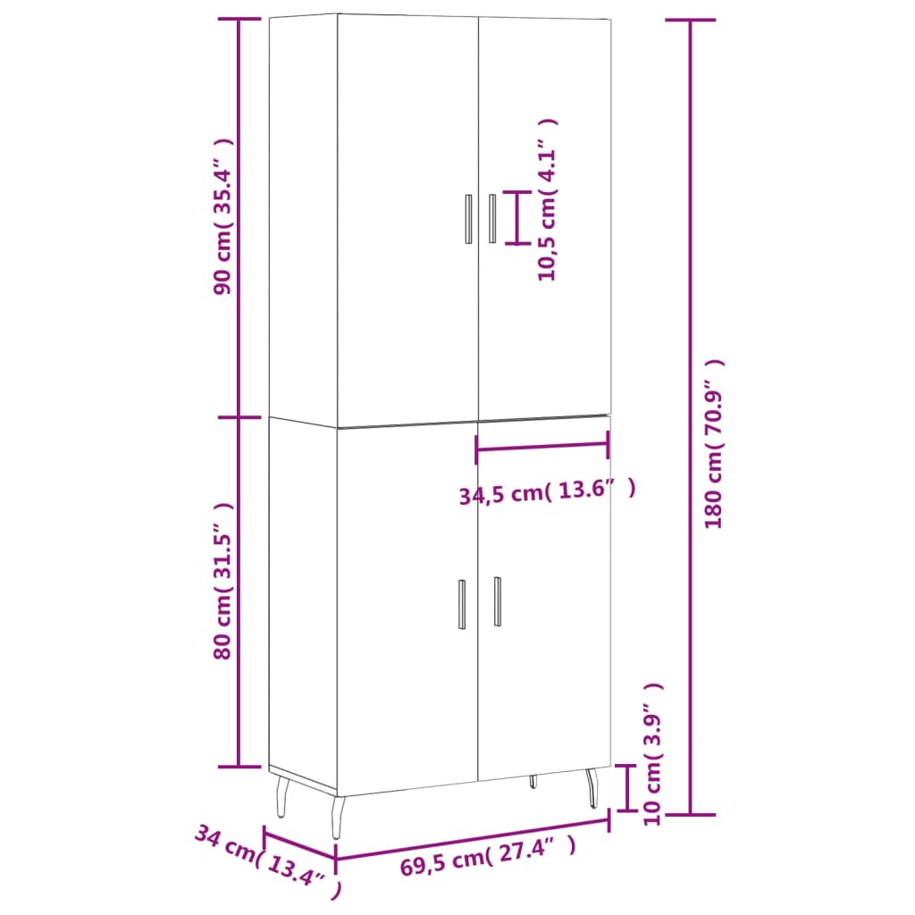 vidaXL Visoka komoda dimljeni hrast 69,5x34x180 cm konstruiranog drva