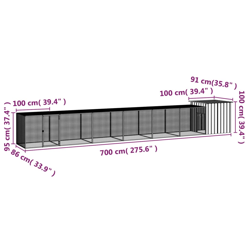 vidaXL Kavez za kokoši sivi 700x91x100 cm od pocinčanog čelika