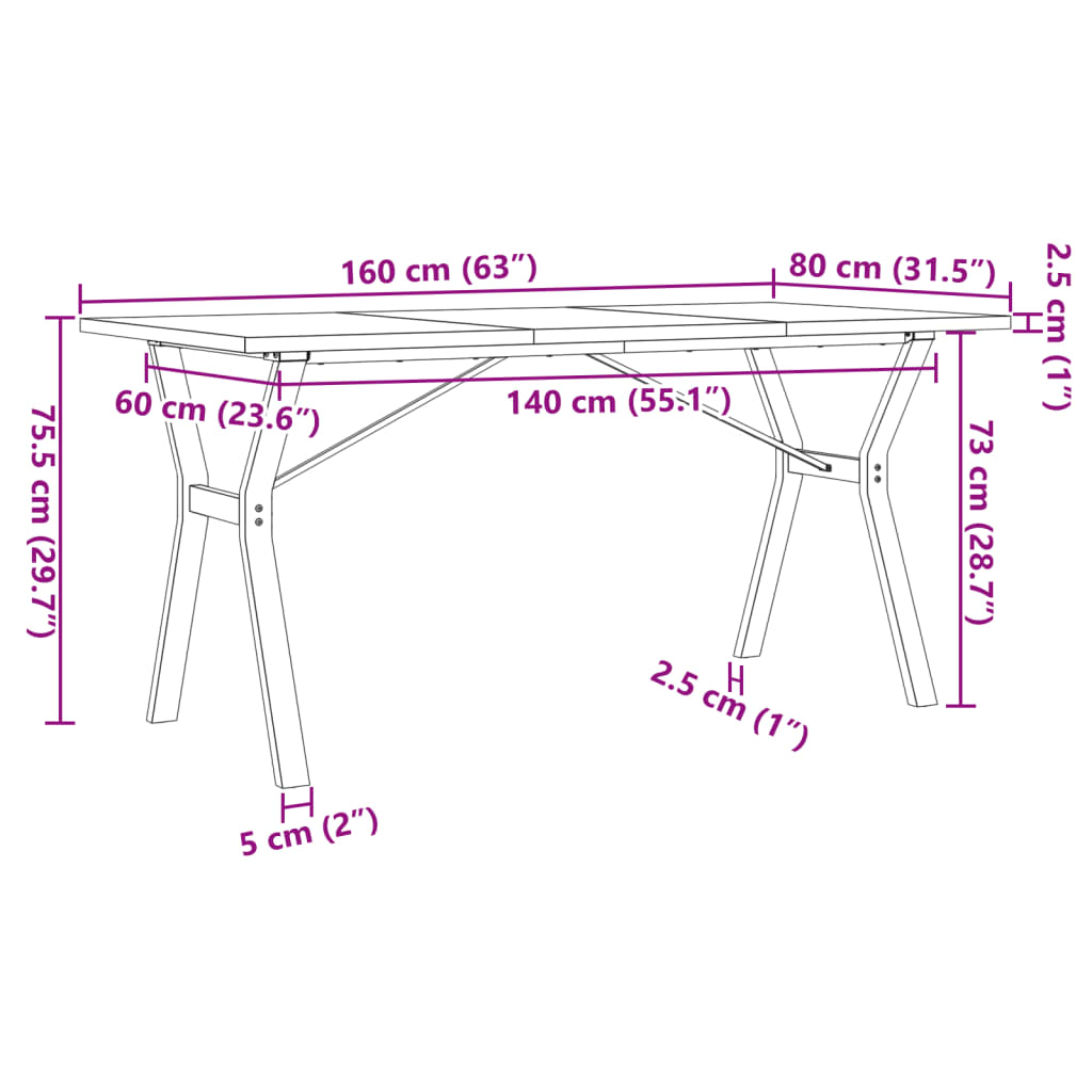 vidaXL Blagovaonski stol Y-oblika 160x80x75,5 cm od borovine i željeza