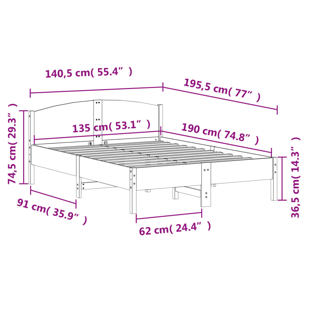 vidaXL Okvir kreveta bez madraca bijeli 135 x 190 cm masivna borovina