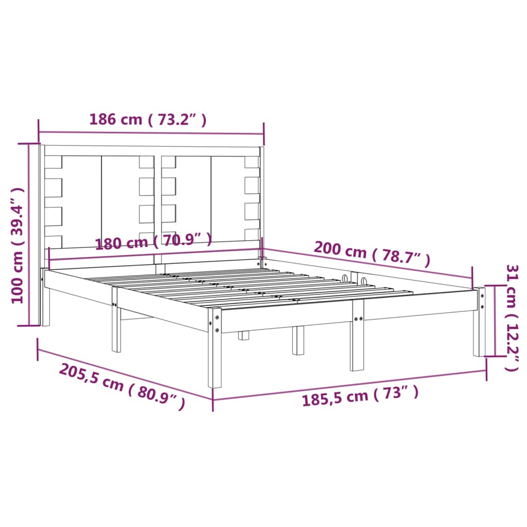 vidaXL Okvir za krevet od masivnog drva crni 180 x 200 cm 6FT bračni