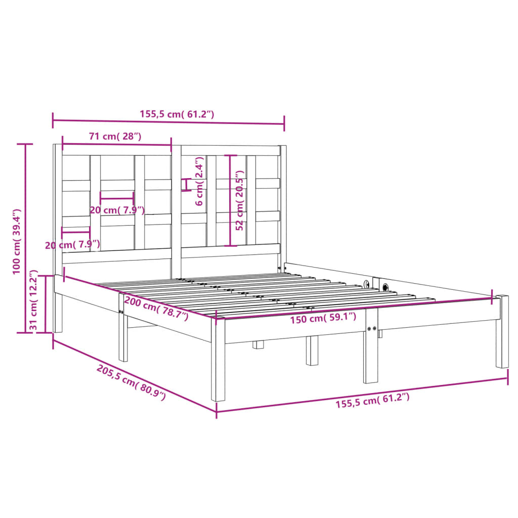 vidaXL Okvir za krevet od masivnog drva crni 150 x 200 cm veliki