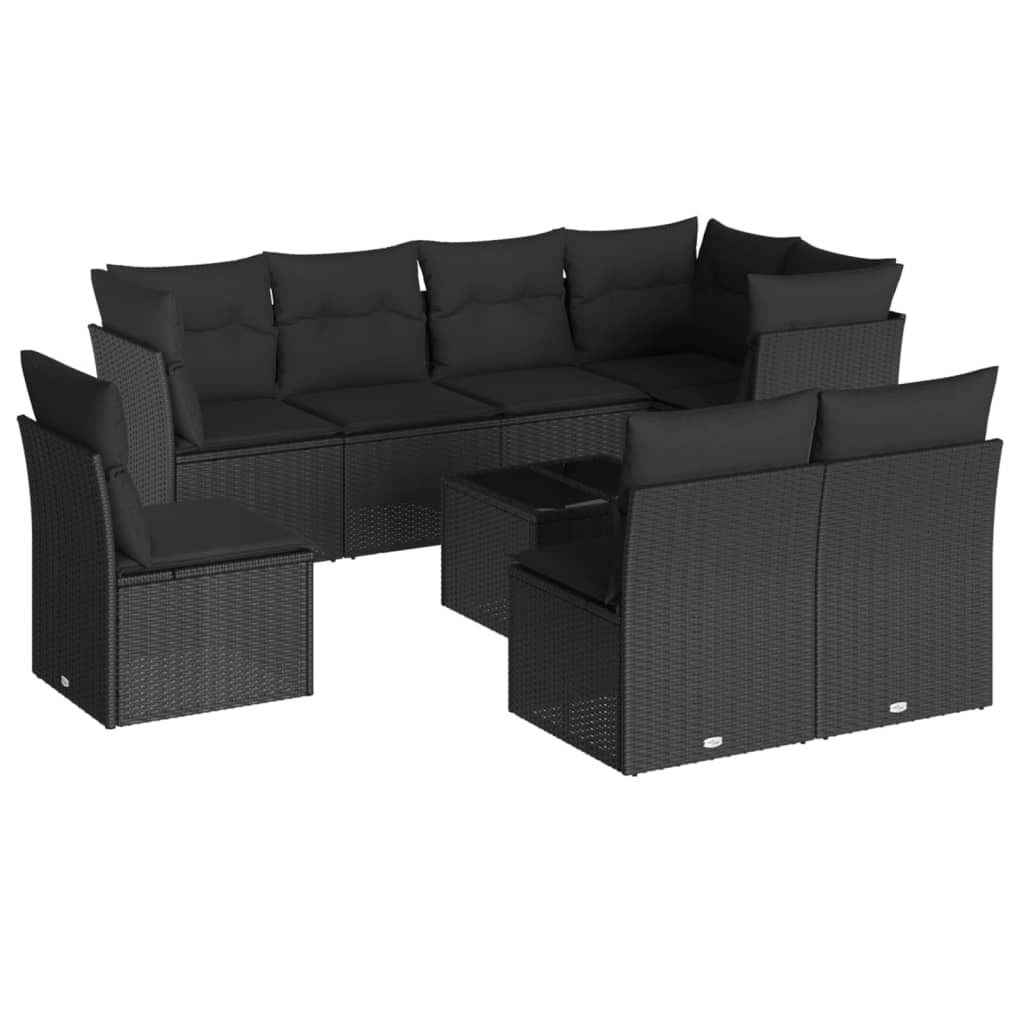 vidaXL 9-dijelni set vrtnih sofa s jastucima crni od poliratana