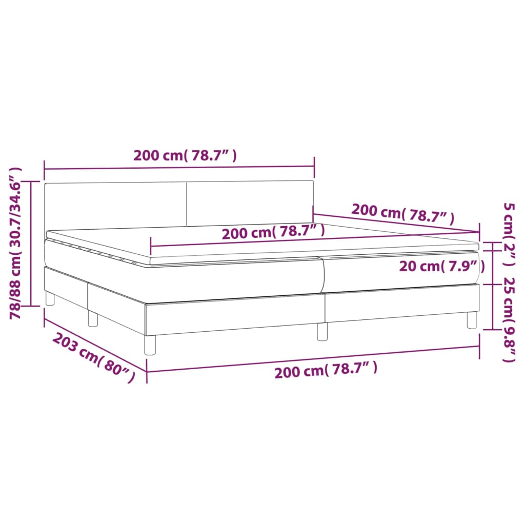 vidaXL Krevet box spring s madracem LED sivi 200x200cm od umjetne kože